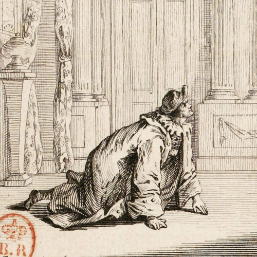 Illustration pour Les Philosophes de Palissot (1760) : Crispin, allant à quatre pattes