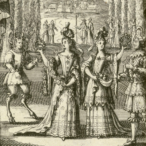 Frontispice de Pomone, livret de Perrin, musique de Cambert, chorégraphie de Beauchamps, machines du Marquis de Sourdéac