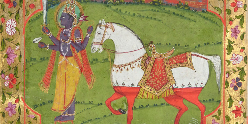 Kalki, dernier avatar de Vishnu, accompagné de son cheval blanc