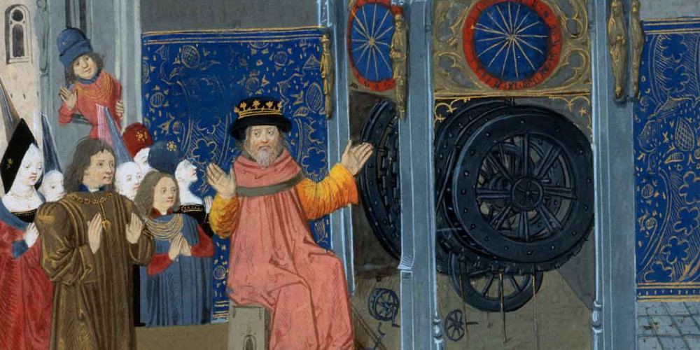 Louis de Bruges devant une horloge astronomique