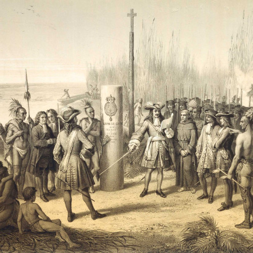 Cavelier de La Salle offre la Louisiane à Louis XIV