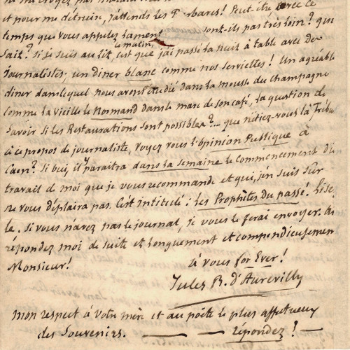 Lettre de Barbey d’Aurevilly à Guillaume-Stanislas Trébutien