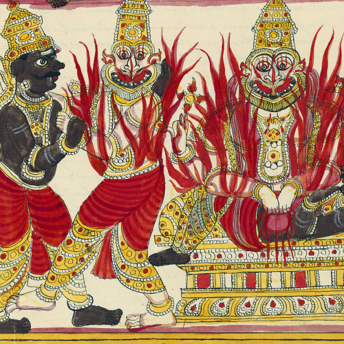 Prahlada continue à dire que Vishnu est omniprésent ; Hiranyakashipu furieux donne un coup dans un pilier d’où surgit Narasimha qui tue Hiranyakashipu
