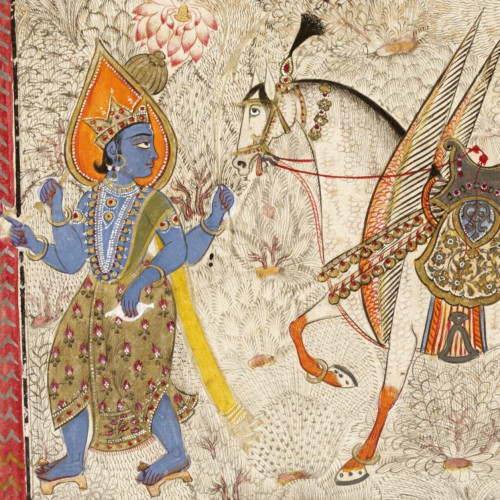 Kalki, un avatar de Vishnu, accompagné de son cheval blanc