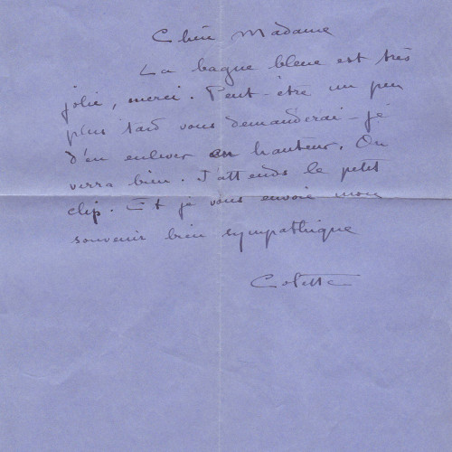 Lettre manuscrite de Colette à Suzanne Belperron
