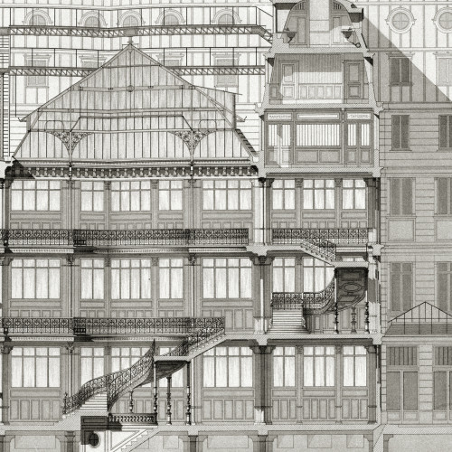Coupe longitudinale sur l’escalier et les galeries. Magasins du Bon Marché