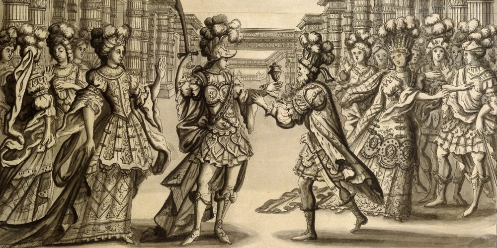 D’après Jean Bérain, Scène de Thésée, tragédie lyrique de Lully (V, 4) : Égée tente d’empoisonner Thésée, 1675