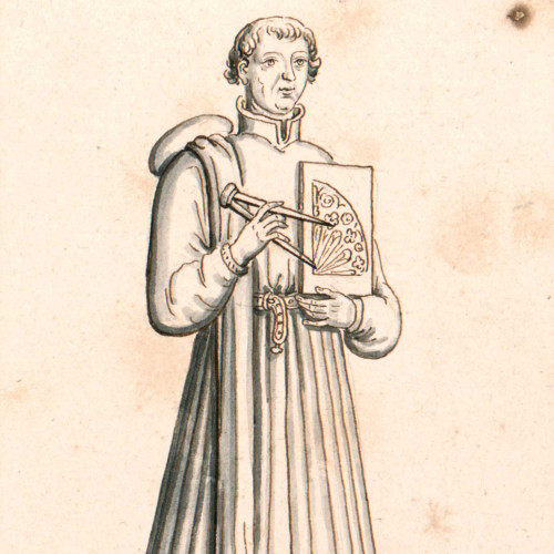 Figure de maçon maître d’oeuvre, en costume civil, et tenant un compas
