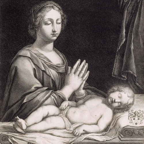 La Vierge priant devant l’enfant Jésus endormi