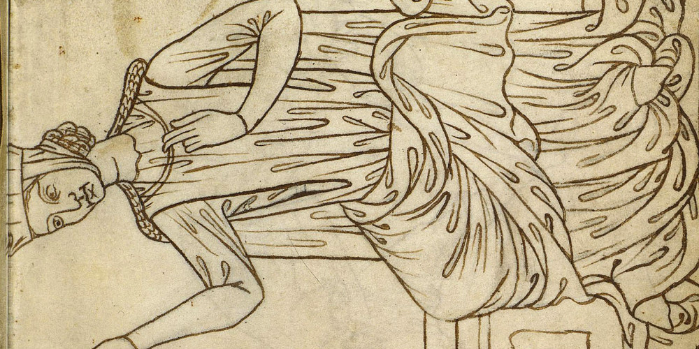 Homme et femme assis, l’homme tenant un oiseau sur son poing ganté