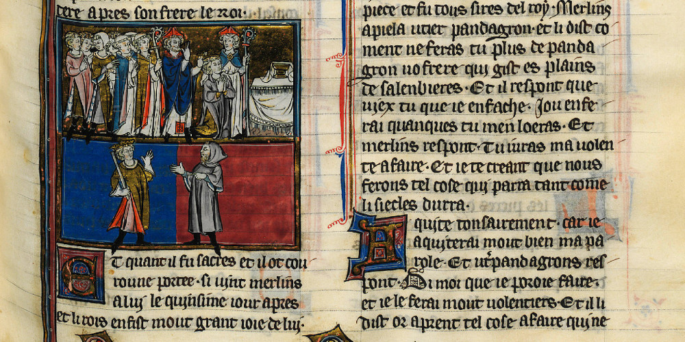 

Couronnement d'Uterpandragon ; Merlin et Uterpandragon discutent du transfert de Stonehenge

