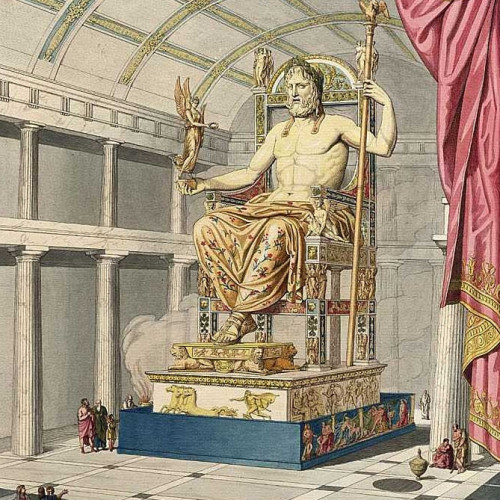 La statue en or et ivoire de Zeus à Olympie, en Élide (Grèce)