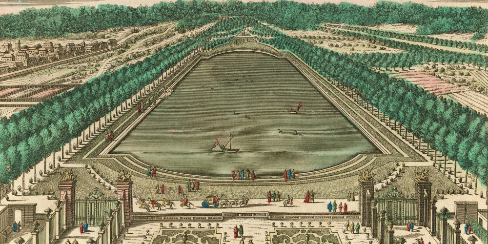 Vue et perspective du bas de l’Orangerie du château de Versailles, et de la Grande Pièce d’Eau