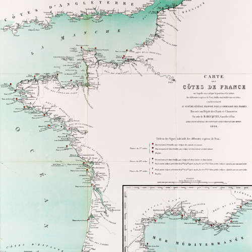 Carte des côtes de France en 1826 avec position et nature des phares existants ou à construire