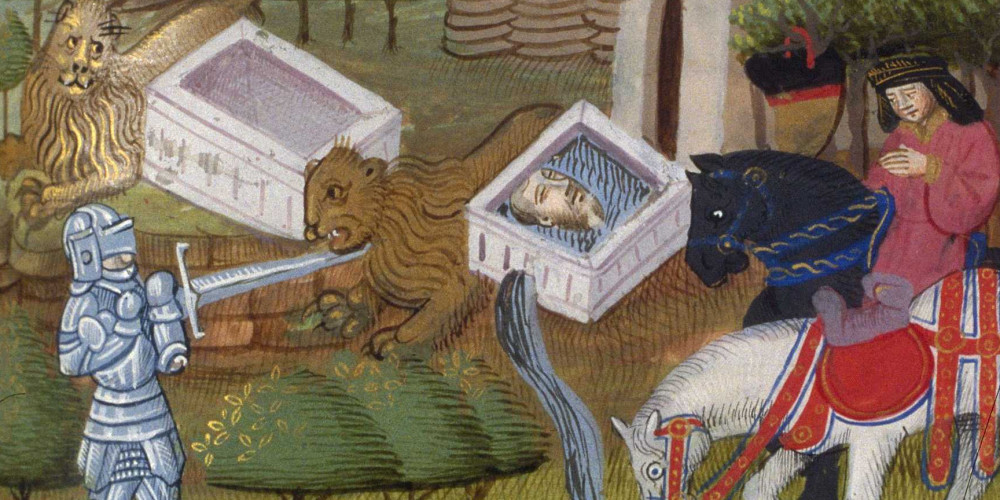Lancelot combattant les lions de la tombe