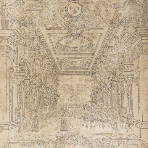 Jean Berain, dessin préparatoire pour le frontispice du Triomphe de l'Amour de Lully, 1681