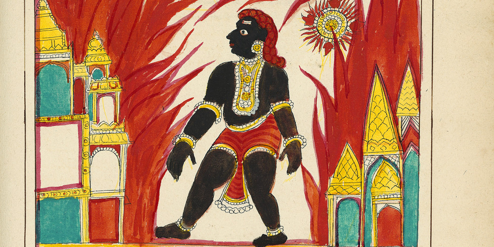 Le chakra de Krishna poursuit le géant jusqu’à Karusha, y met le feu, tue le fils de Paundraka et le géant puis revient dans la main de Krishna