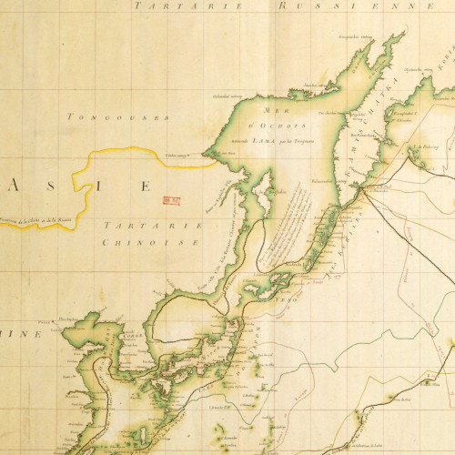 Carte de l’océan Pacifique pour le voyage de Lapérouse, où sont tracées les différentes routes des navigateurs qui l’ont précédé