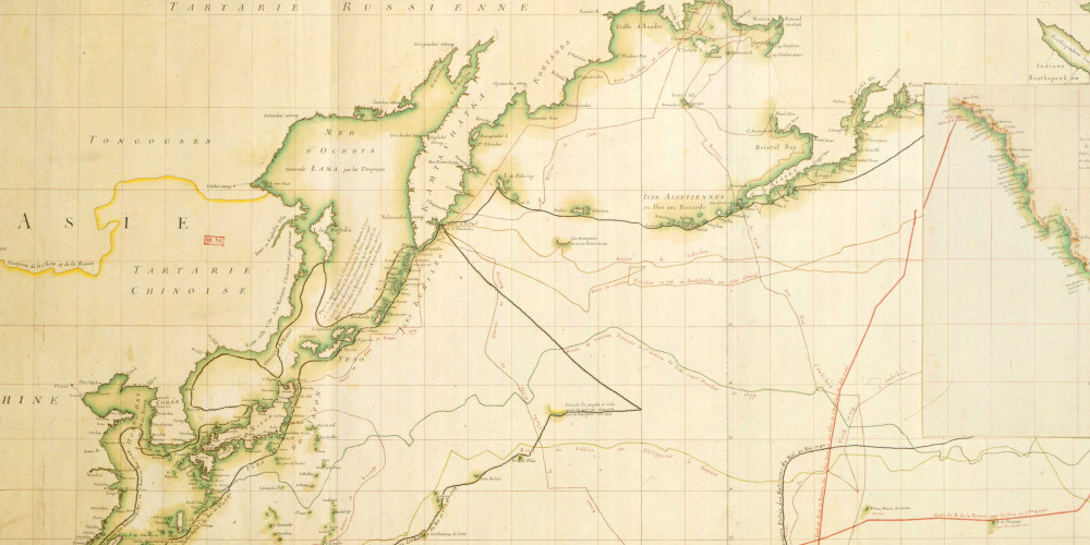Carte de l’océan Pacifique pour le voyage de Lapérouse, où sont tracées les différentes routes des navigateurs qui l’ont précédé