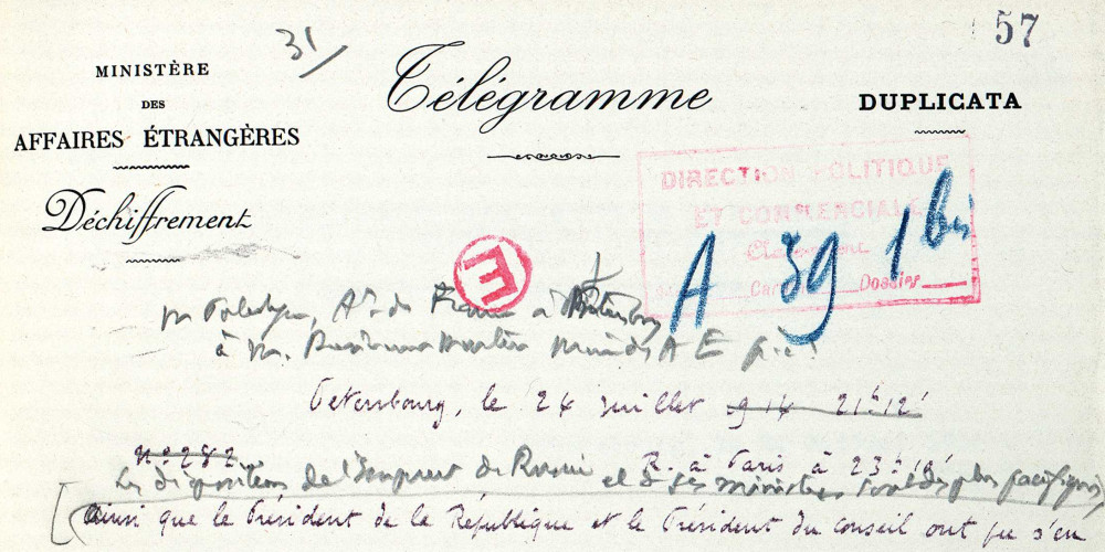 Maurice Paléologue, ambassadeur de France en Russie, à Jean-Baptiste Bienvenu-Martin, ministre des Affaires étrangères par intérim