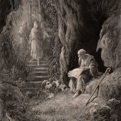 Merlin, reclus au cœur de la forêt, est visité par le roi Arthur