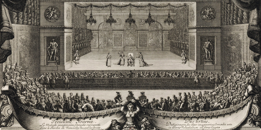 Représentation du Malade imaginaire, comédie-ballet de Molière et Marc-Antoine Charpentier, le 19 juillet 1674, gravure de Jean Lepautre