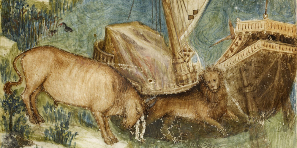 Allégorie de la guerre entre Venise (lion) et Padoue (taureau)