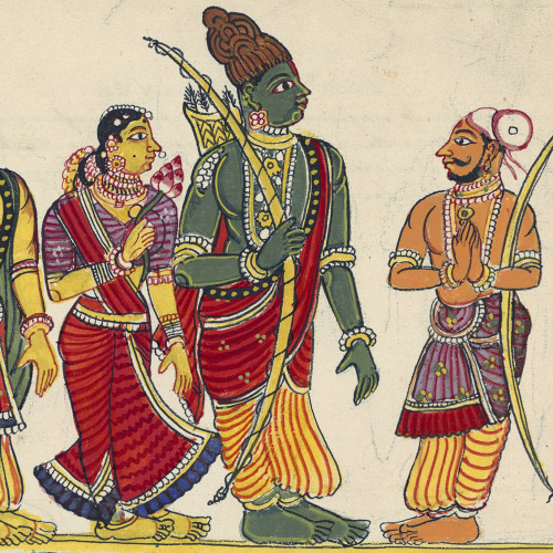 Rama, Sita et Lakshmana rencontrent le passeur Guha au bord du Gange
