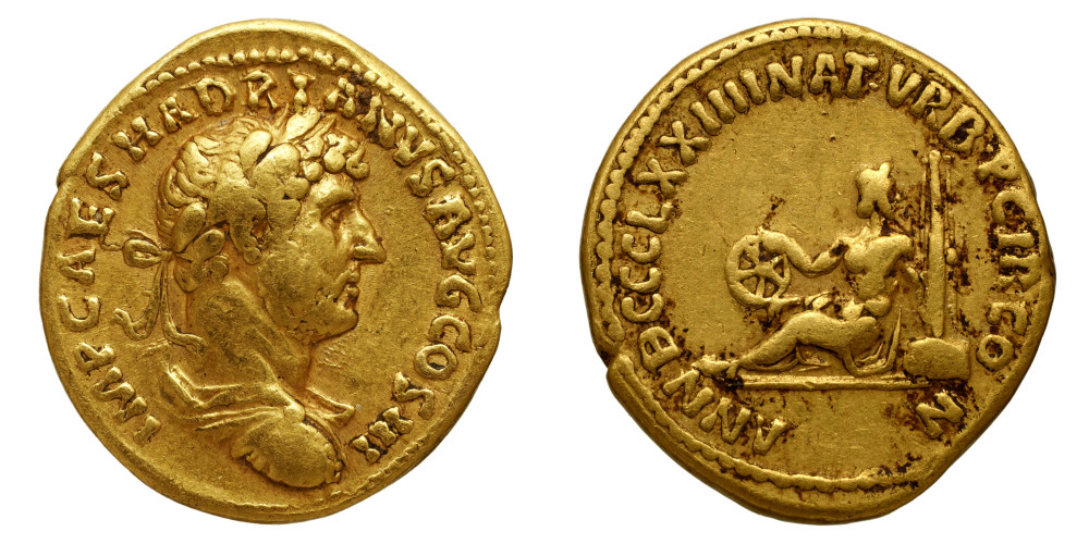 Aureus d'Hadrien représentant le génie du Circus Maximus.
