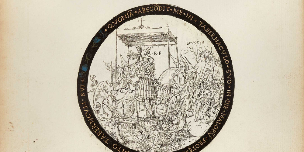 9e rondeau : François Ier à cheval face aux Suisses, sous le dais de la protection divine avant Marignan