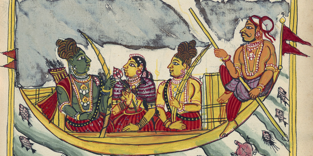 Rama, Sita et Lakshmana rencontrent le passeur Guha au bord du Gange