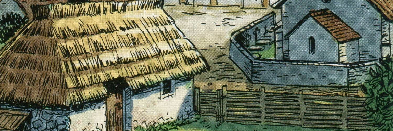 Maison médiévale de pierre à toit de chaume, avec jardin