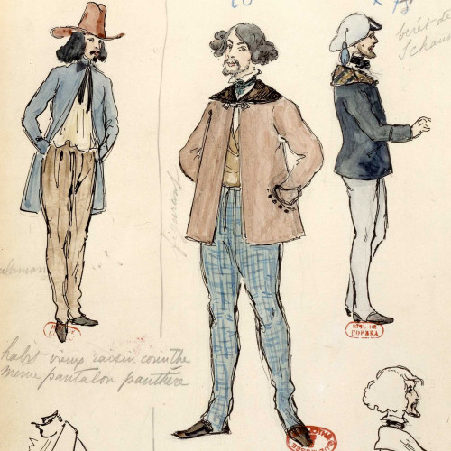 Dessins de costumes pour La Bohème : le peintre Marcel, le musicien Schaunard et un figurant