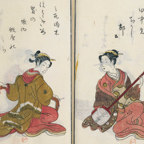 Les courtisanes Tamatsuru (à droite) et Miyamagi (à gauche), de la maison Chôji-ya, jouant du shamisen