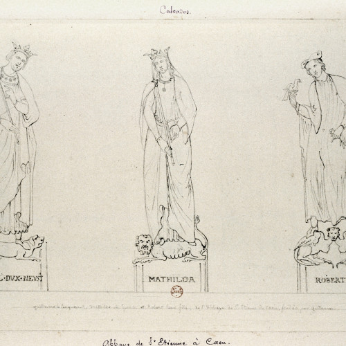 Statues de Guillaume le Conquérant, de la reine Mathilde et de leur fils Robert dans l'abbaye Saint-Etienne à Caen