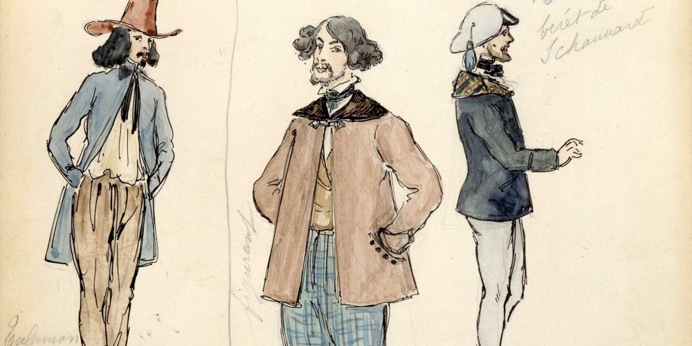 Dessins de costumes pour La Bohème : le peintre Marcel, le musicien Schaunard et un figurant