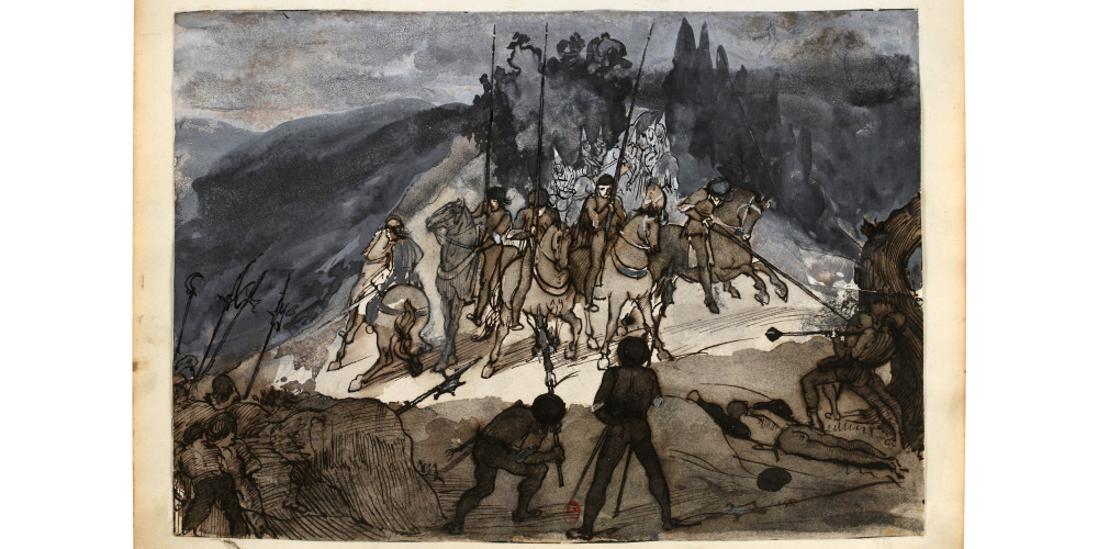 Scène de bataille médiévale dans un paysage montagneux