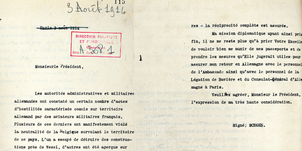 Lettre remise par Wilhem von Schoen, ambassadeur d’Allemagne en France, à René Viviani