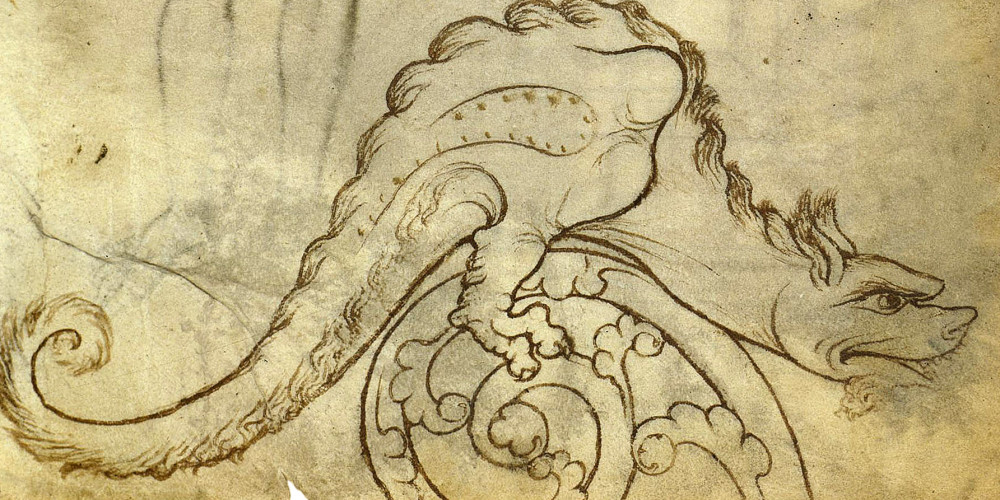 Personnage religieux assis - Animal fantastique ornant une volute