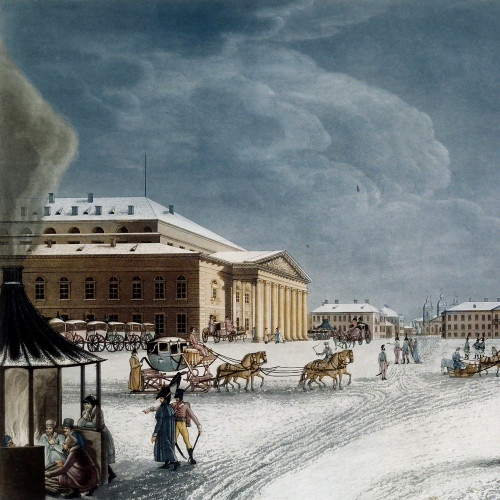 Vue de la place et du grand spectacle de St Petersbourg sous la neige