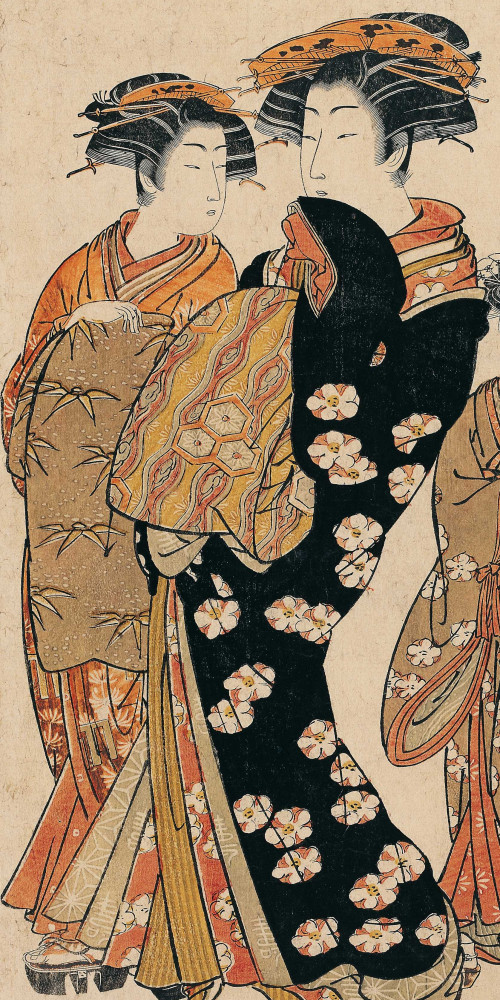 « La courtisane Nanao, ses suivantes Mineno et Takane, de la maison Ôgiya » (Ôgiya uchi Nanao Mineno Takane)