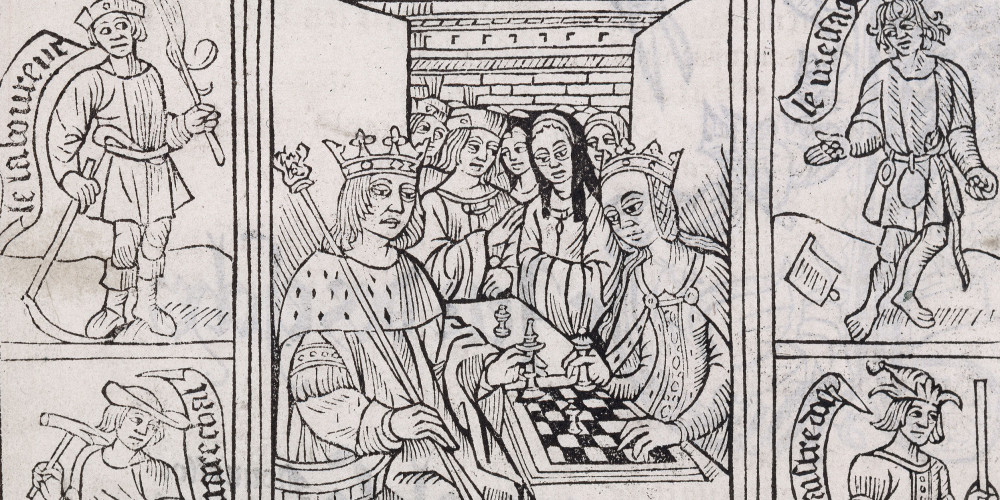 Partie d'échecs et figures allégoriques représentant les pions