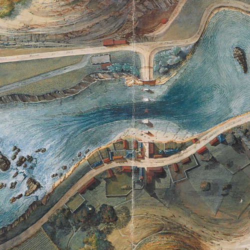 Plan figuratif de l’emplacement du Pont du Sault du Rhône, de ses abords et de son état actuel