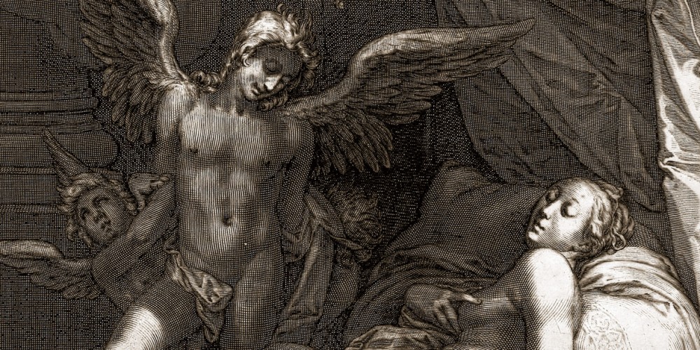 Cupidon aux côtés de Psyché endormie