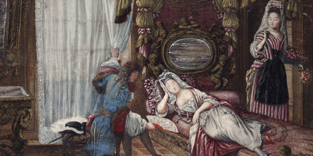 Femme de qualité en deshabillé reposant sur un lit d'Ange