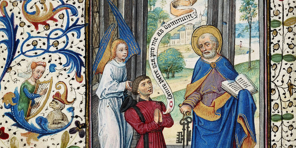Fol. 13v : Antienne à saint Pierre, montrant un personnage agenouillé présenté à saint Pierre par un ange.
 