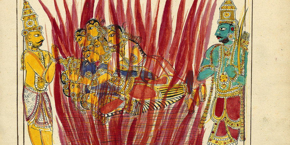 Jagannatha et Arjuna allument les feux où se consument les corps de Krishna et de Balarama avec leurs épouses résolues à subir le sacrifice de sati