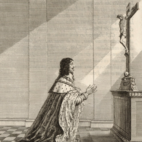 Louis XIII, agenouillé devant un crucifix, en manteau royal