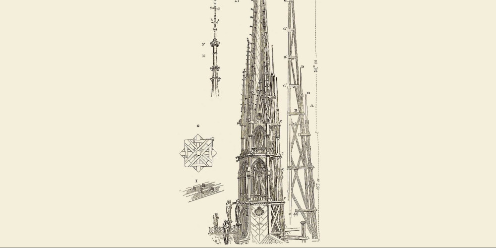 Élévation et plans de la flèche de Notre-Dame de Paris par Viollet-le-Duc