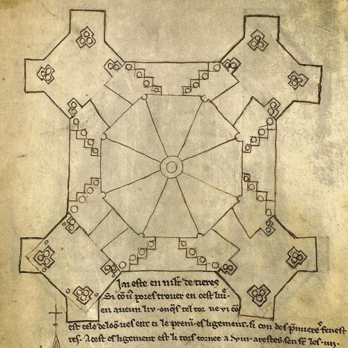 Église de Laon : plan de la tour - Détail d’un clocheton - Figure barbue